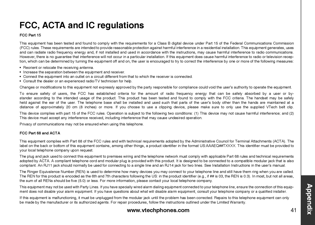 VTech LS6113-WT, LS6113-BK important safety instructions FCC, Acta and IC regulations, FCC Part 