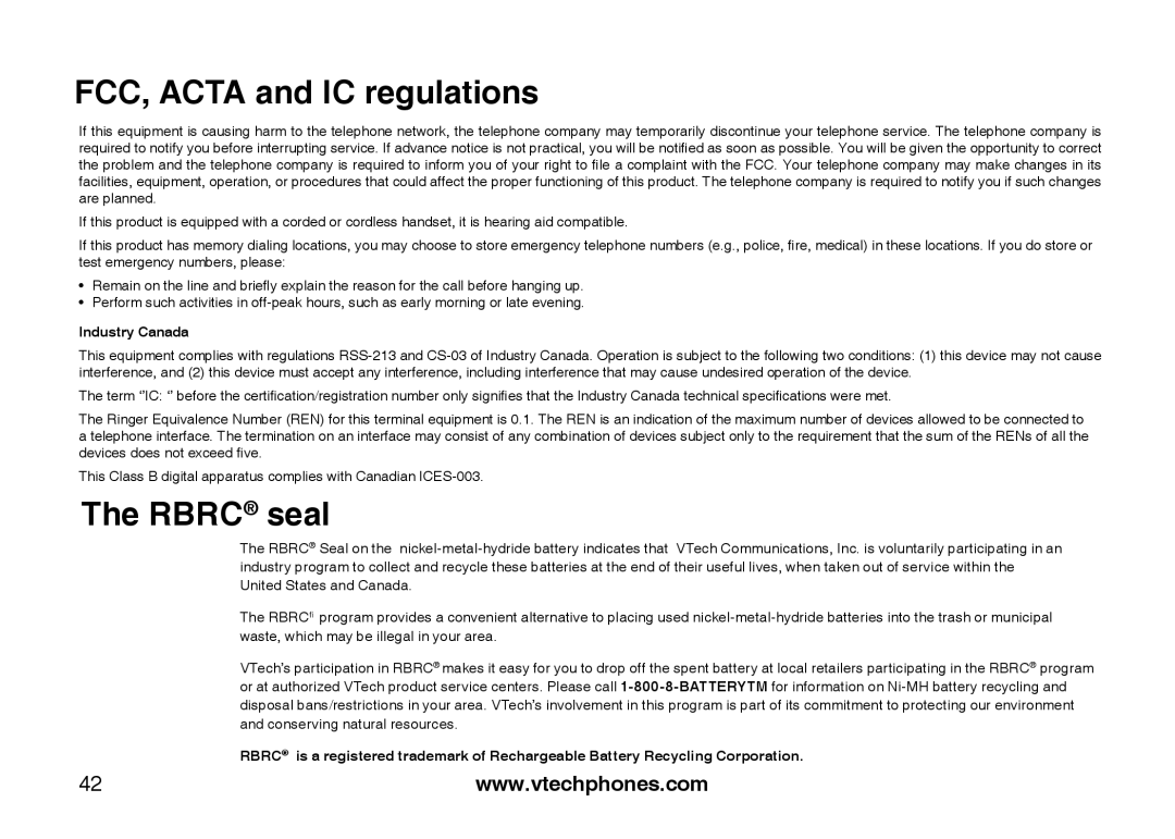 VTech LS6113-BK, LS6113-WT important safety instructions Rbrc seal, Industry Canada 