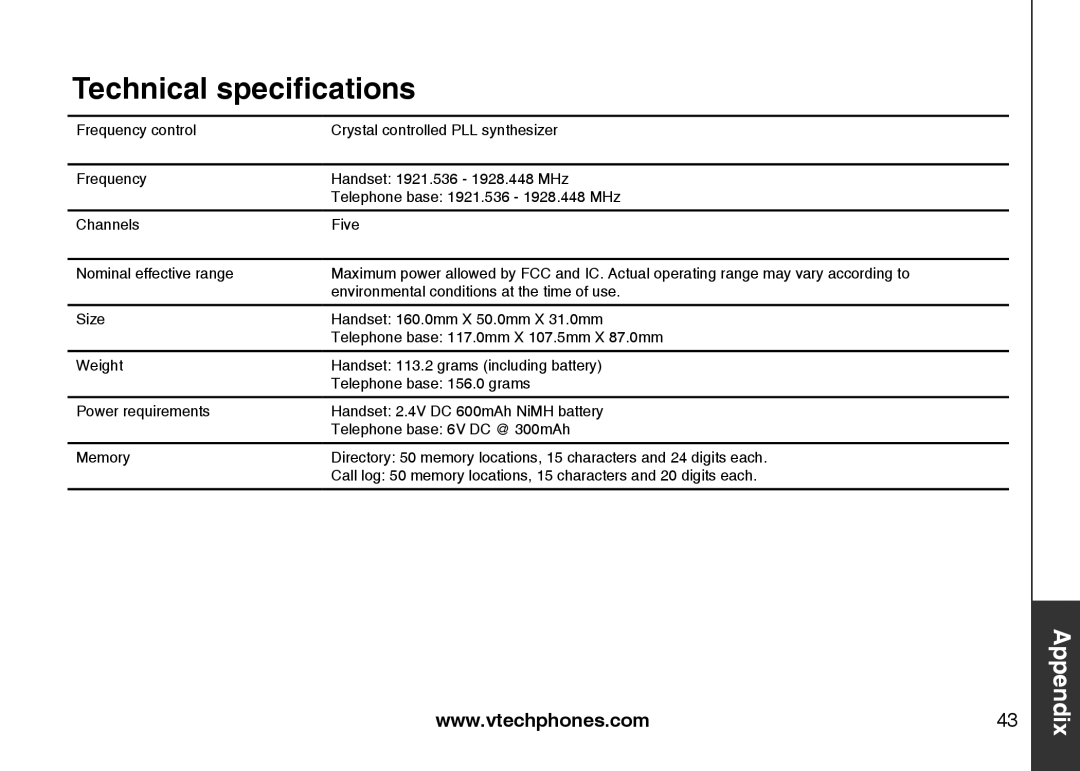 VTech LS6113-WT, LS6113-BK important safety instructions Technical specifications 