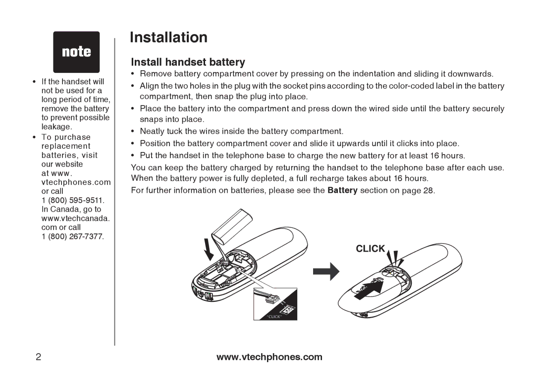 VTech LS6113-BK, LS6113-WT important safety instructions Install handset battery 