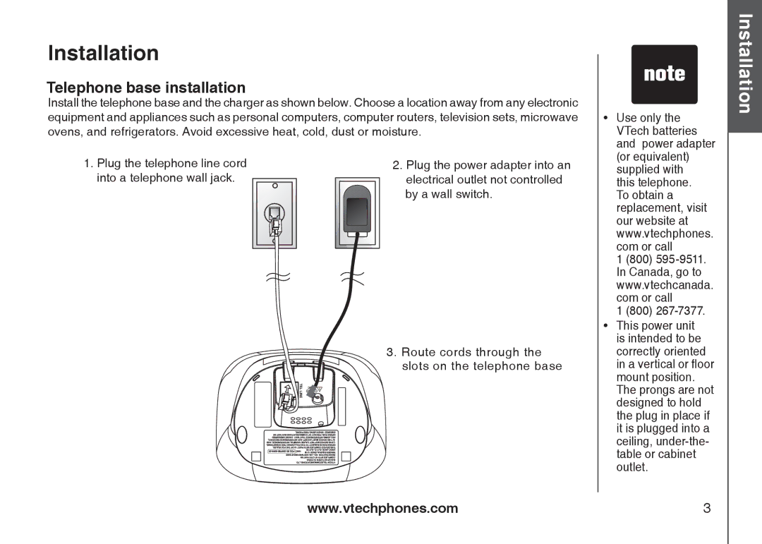 VTech LS6113-WT, LS6113-BK important safety instructions Telephone base installation 