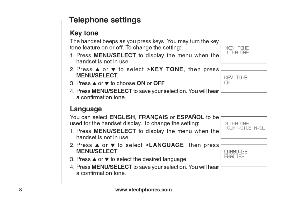 VTech LS6115-3, LS6115-2 user manual Key tone, Language 