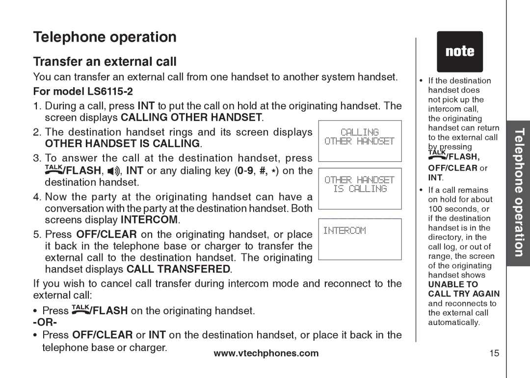 VTech LS6115-2, LS6115-3 user manual Transfer an external call, Telephone base or charger 