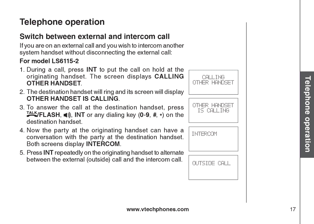 VTech LS6115-2, LS6115-3 user manual Switch between external and intercom call 