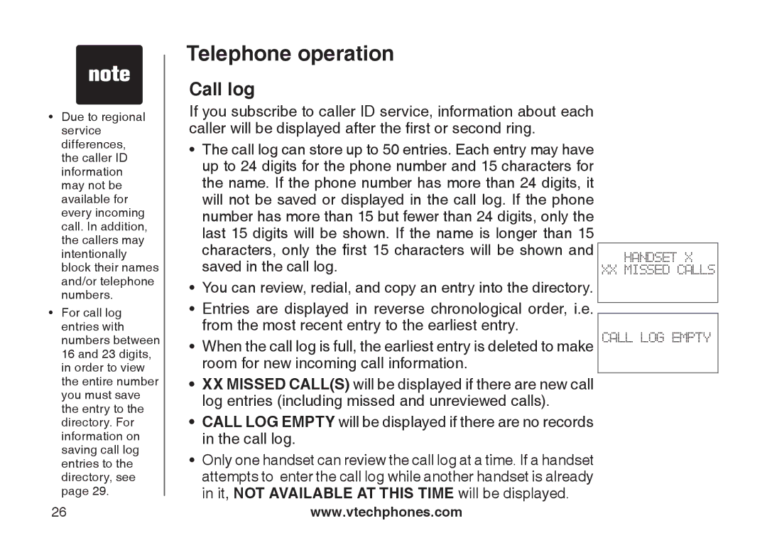 VTech LS6115-3, LS6115-2 user manual Call log 