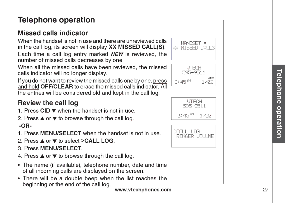 VTech LS6115-2, LS6115-3 user manual Missed calls indicator, Review the call log 