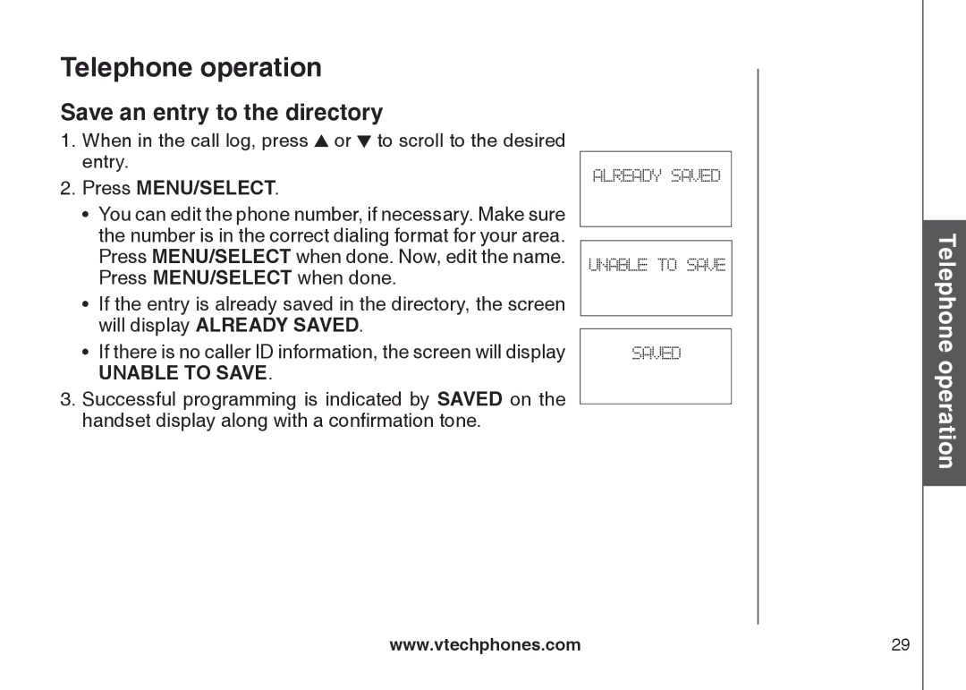 VTech LS6115-2, LS6115-3 user manual Save an entry to the directory, Unable to Save 