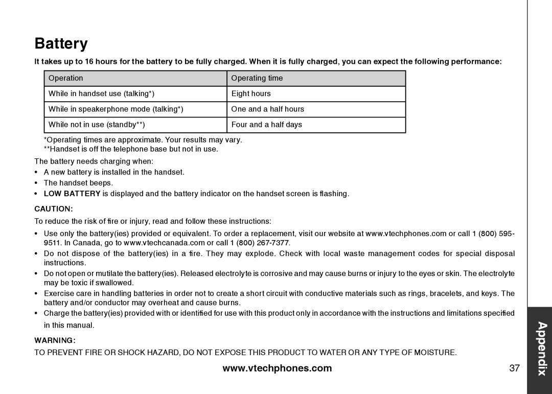 VTech LS6115-2, LS6115-3 user manual Battery 