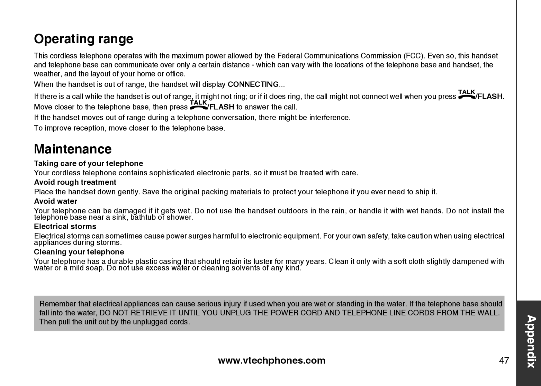 VTech LS6115-2, LS6115-3 user manual Operating range, Maintenance 