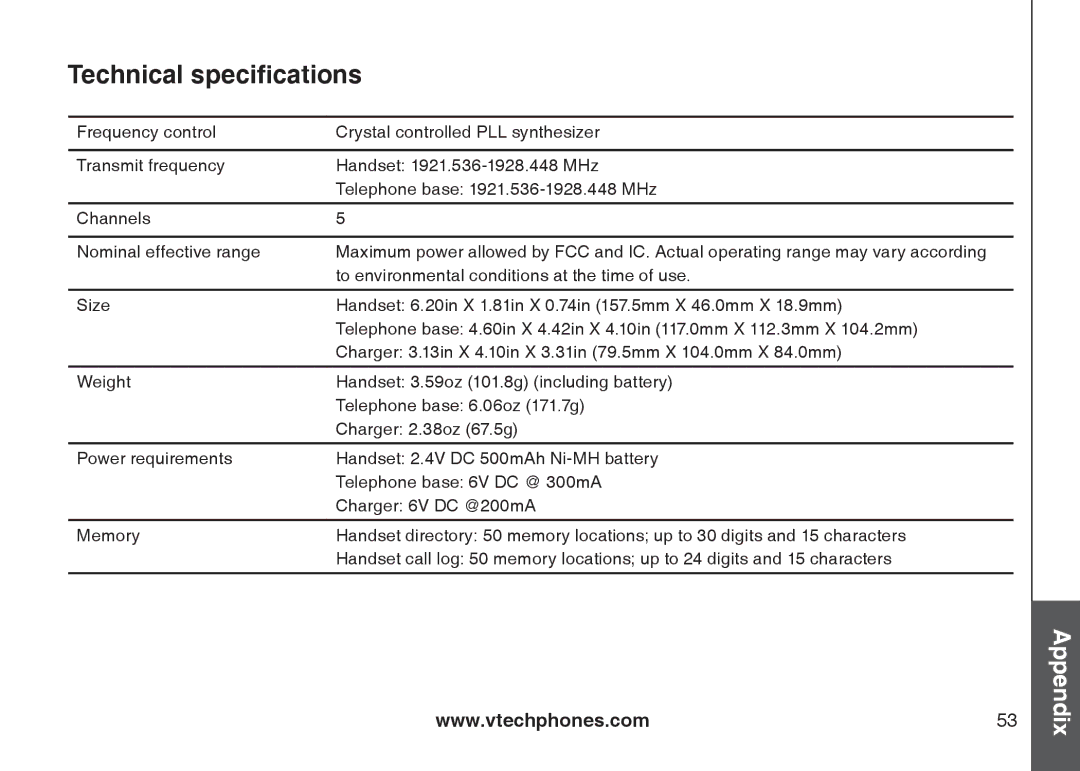 VTech LS6115-2, LS6115-3 user manual Technical specifications 