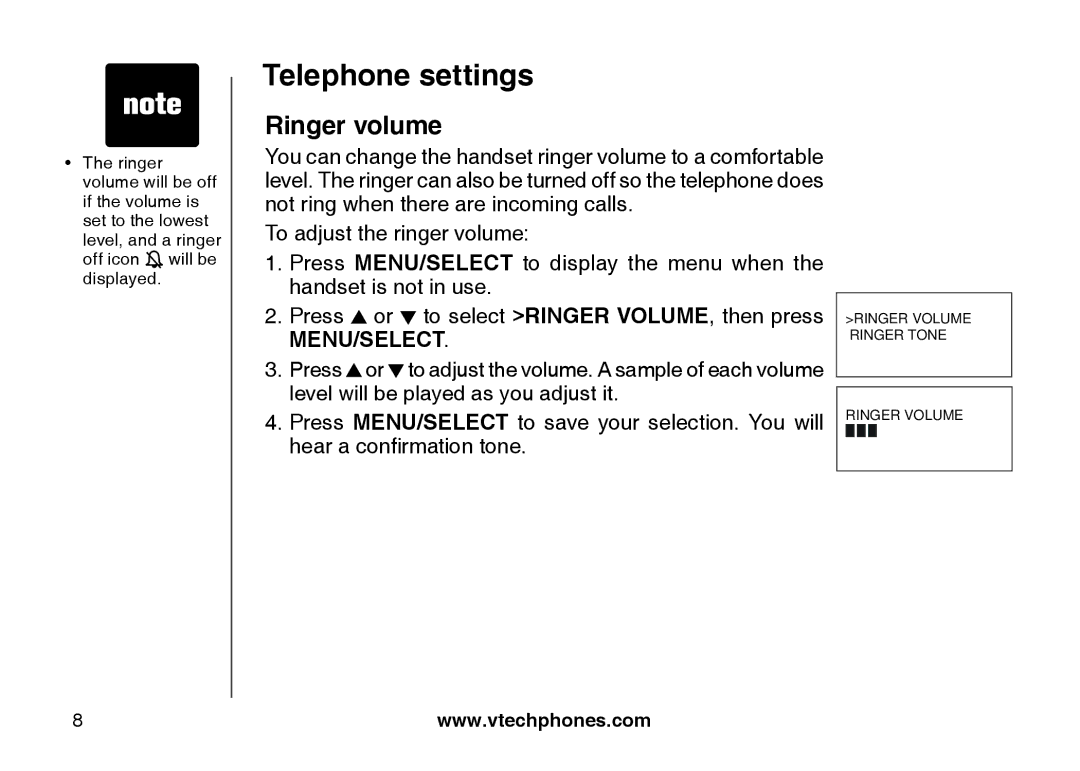 VTech LS6117-19, LS6117-15, LS6117-12 user manual Telephone settings, Ringer volume 