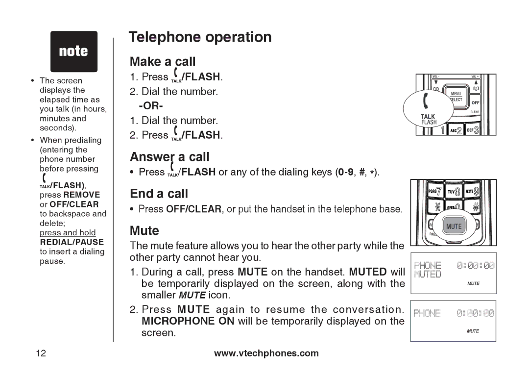 VTech LS6117-19, LS6117-15, LS6117-12 user manual Make a call, Answer a call, End a call, Mute 