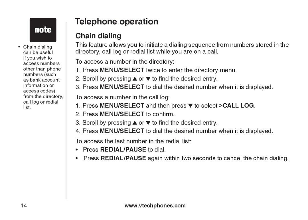 VTech LS6117-15, LS6117-19, LS6117-12 user manual Chain dialing 