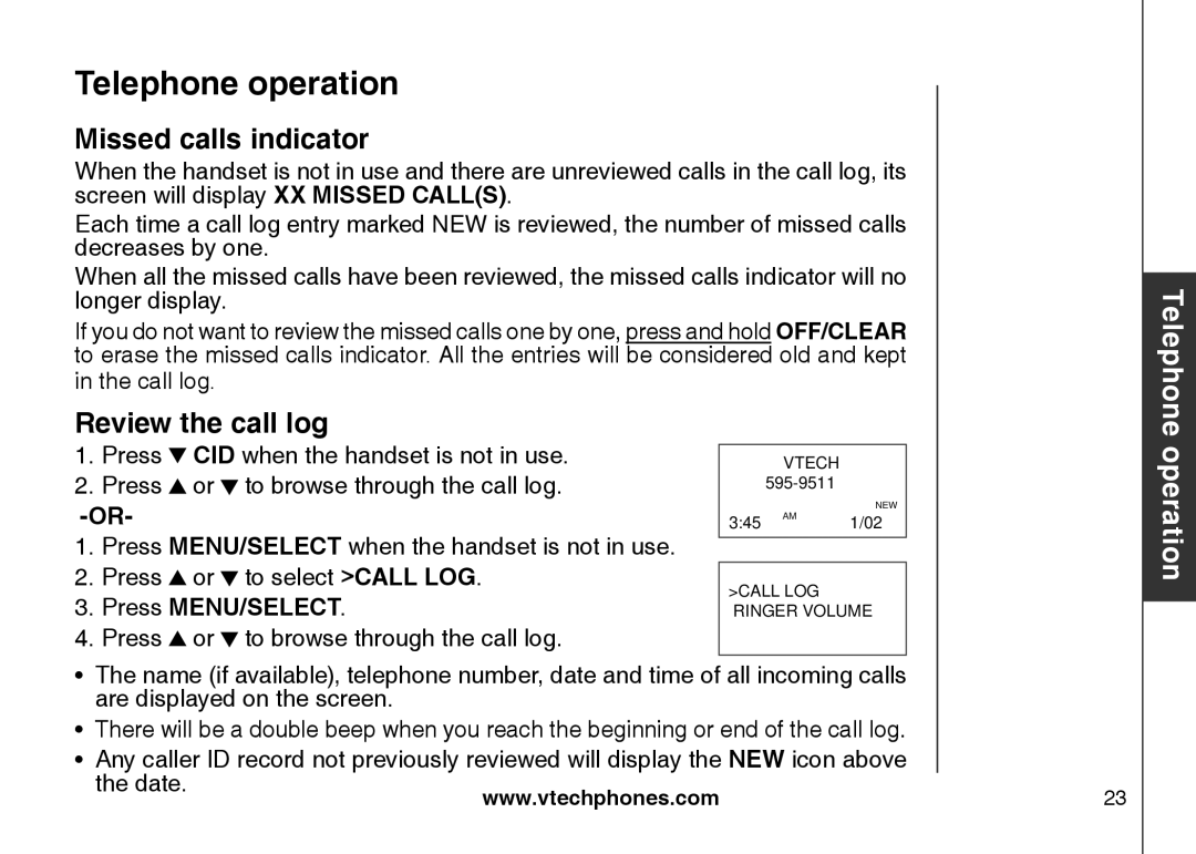 VTech LS6117-12, LS6117-19, LS6117-15 user manual Missed calls indicator, Review the call log 