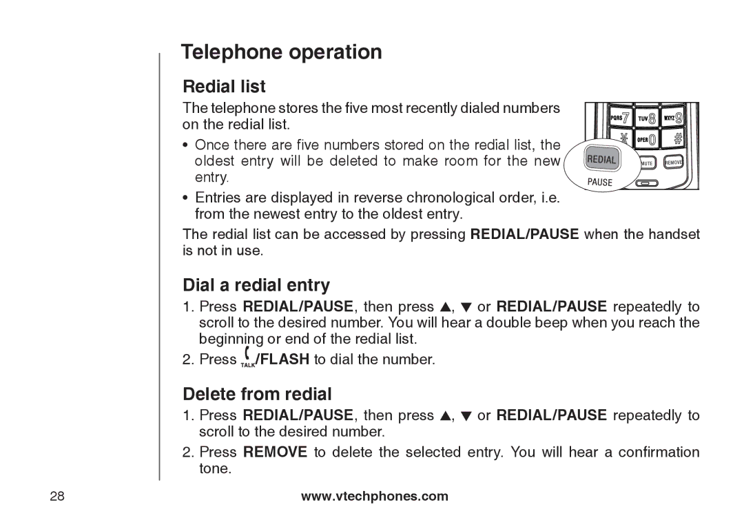 VTech LS6117-19, LS6117-15, LS6117-12 user manual Redial list, Dial a redial entry, Delete from redial 