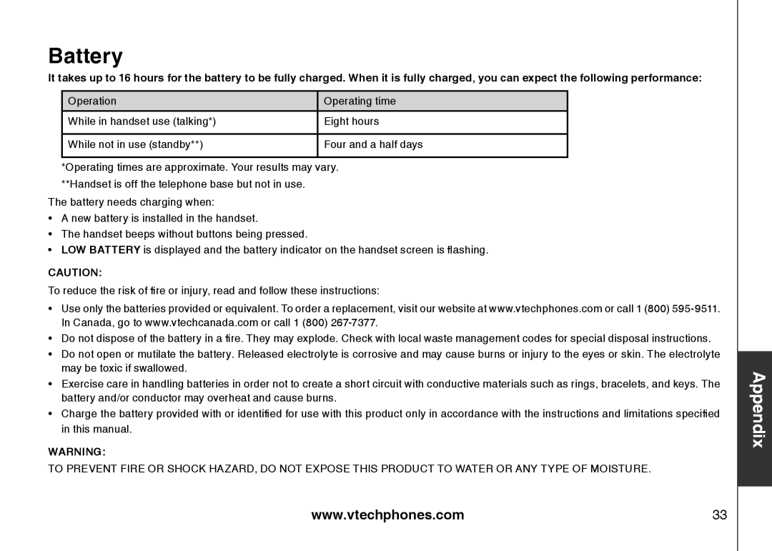 VTech LS6117-19, LS6117-15, LS6117-12 user manual Battery 