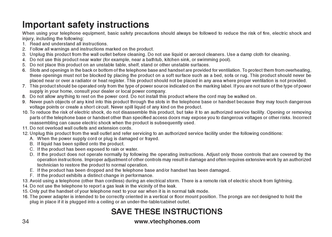 VTech LS6117-15, LS6117-19, LS6117-12 user manual Important safety instructions 