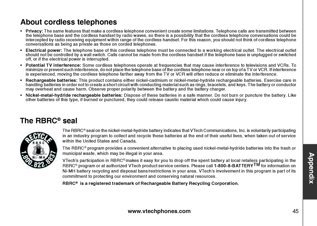 VTech LS6117-19, LS6117-15, LS6117-12 user manual About cordless telephones, Rbrc seal 