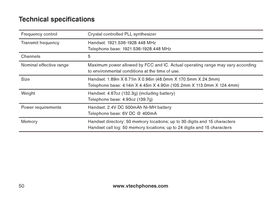 VTech LS6117-15, LS6117-19, LS6117-12 user manual Technical specifications 