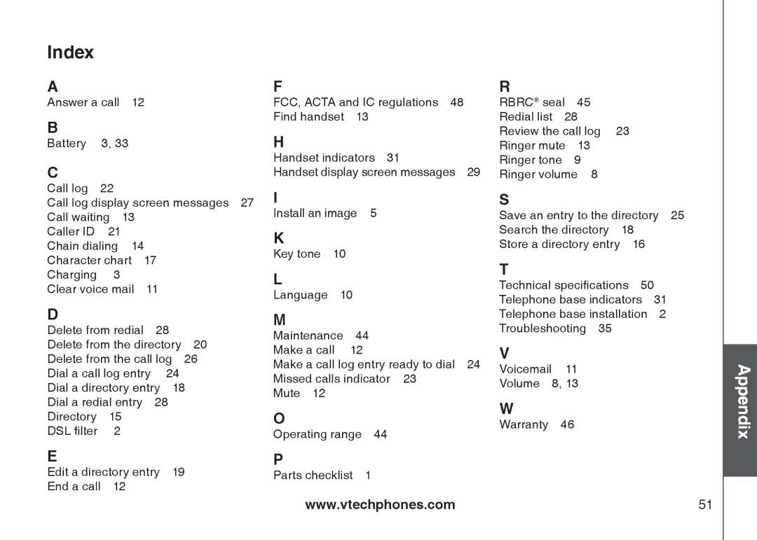 VTech LS6117-12, LS6117-19, LS6117-15 user manual Index 