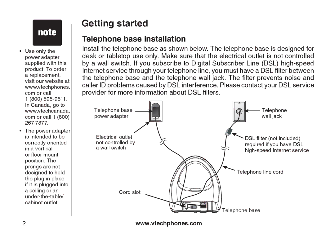 VTech LS6117-15, LS6117-19, LS6117-12 user manual Telephone base installation 