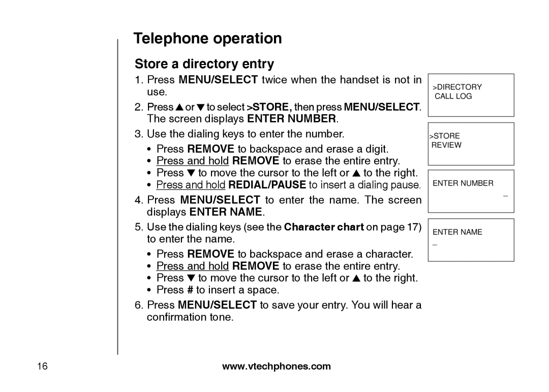 VTech LS6117 user manual Store a directory entry 