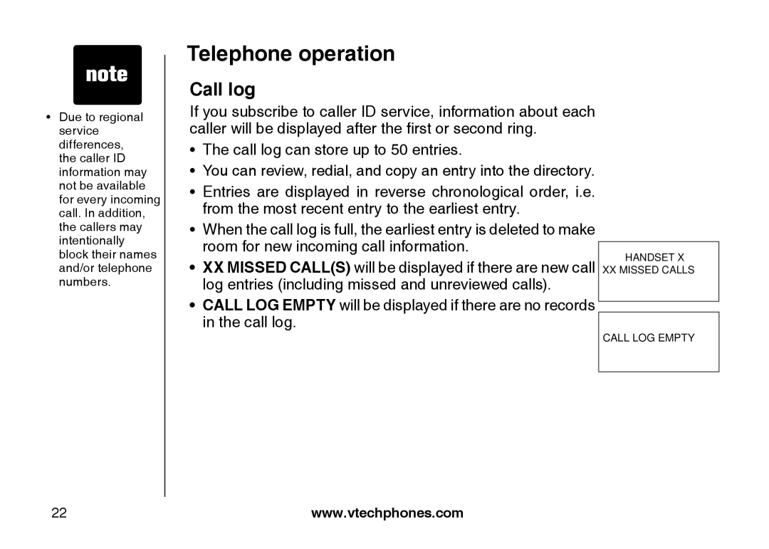 VTech LS6117 user manual Call log 