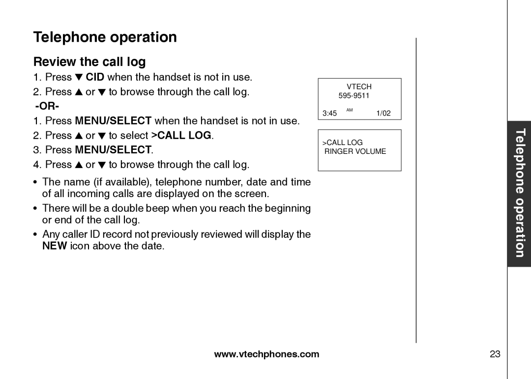 VTech LS6117 user manual Review the call log, Press MENU/SELECT 