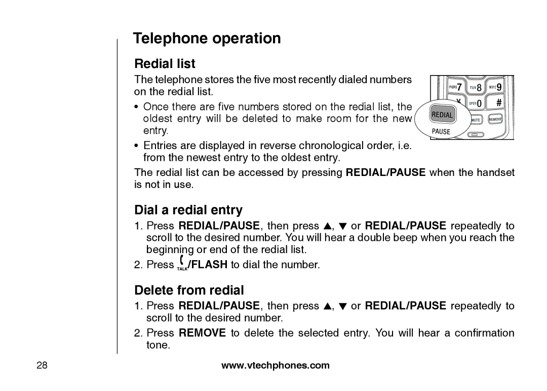 VTech LS6117 user manual Redial list, Dial a redial entry, Delete from redial 