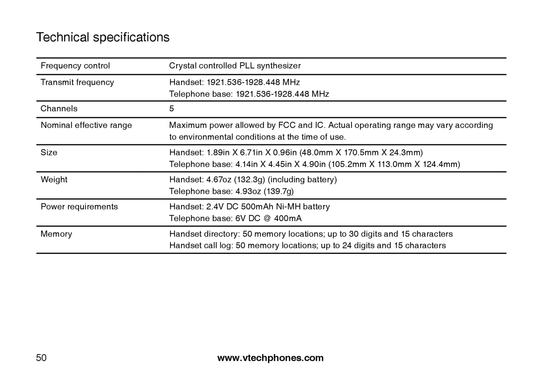 VTech LS6117 user manual Technical specifications 