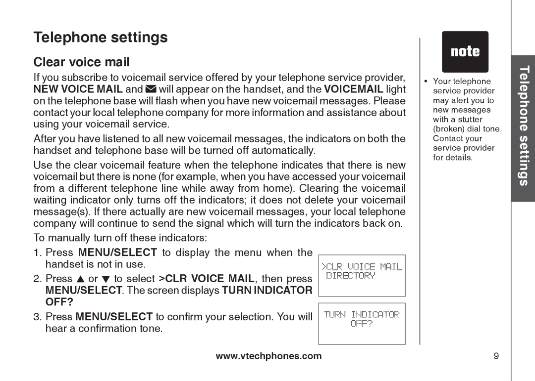 VTech LS6125-2, LS6125-4, LS6126-5, LS6125-3, LS6125-5, LS6126-3 Clear voice mail, Telephone Basicsettingsoperation 