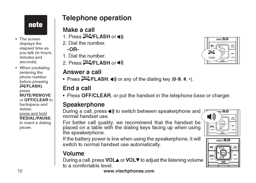 VTech LS6125-4, LS6125-2, LS6126-5, LS6125-3, LS6125-5, LS6126-3 Make a call, Answer a call, End a call, Speakerphone, Volume 