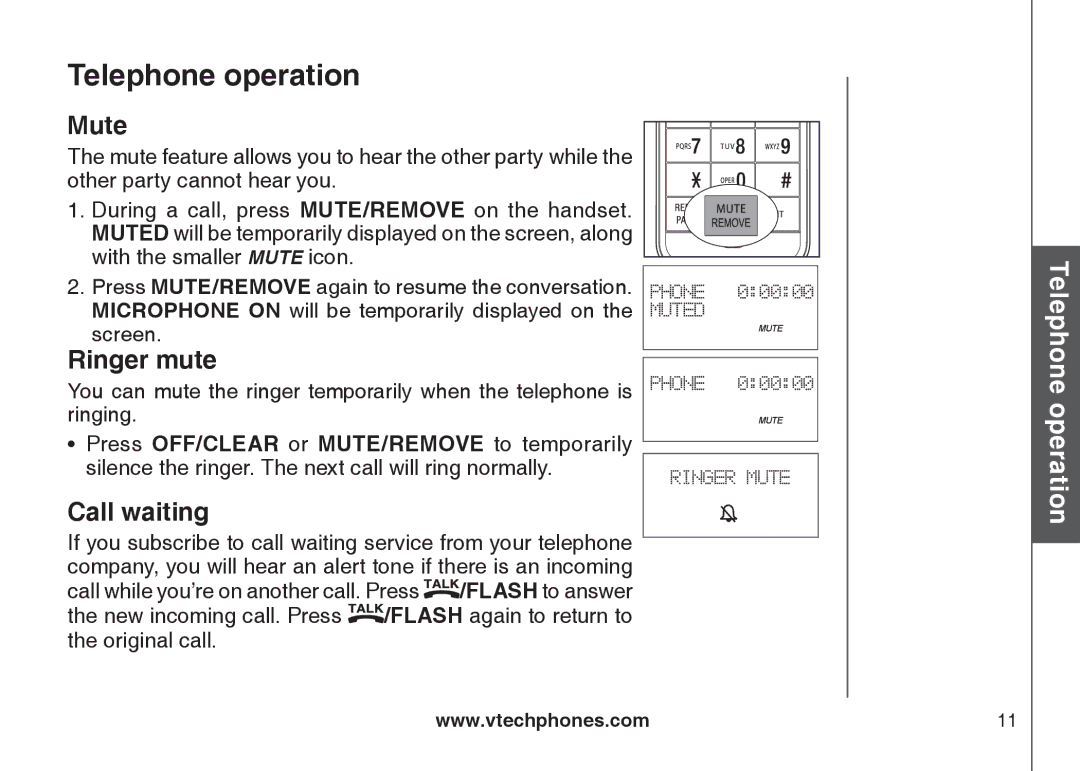 VTech LS6126-5, LS6125-2, LS6125-4, LS6125-3, LS6125-5, LS6126-3 important safety instructions Mute, Ringer mute, Call waiting 