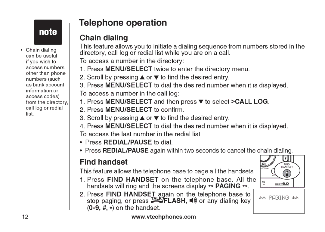 VTech LS6125-3, LS6125-2, LS6125-4, LS6126-5, LS6125-5, LS6126-3 important safety instructions Chain dialing, Find handset 