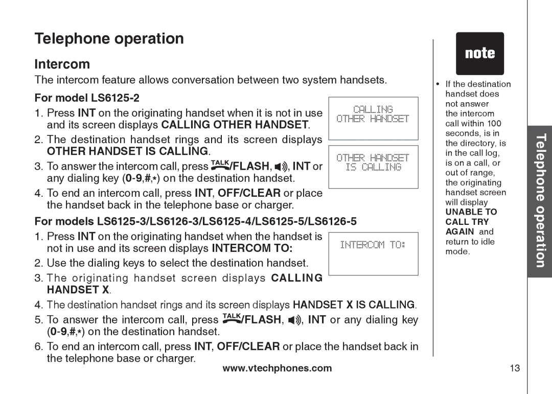 VTech LS6125-5, LS6125-4, LS6126-5, LS6125-3, LS6126-3 important safety instructions Intercom, For model LS6125-2 