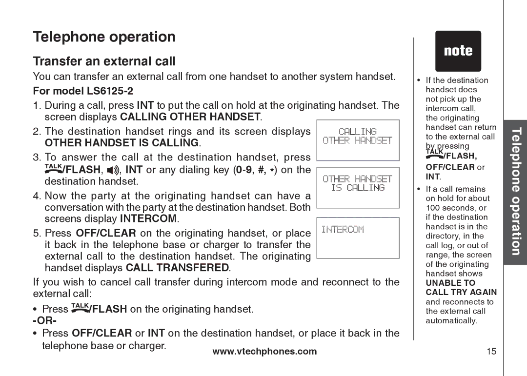 VTech LS6125-2, LS6125-4, LS6126-5, LS6125-3, LS6125-5, LS6126-3 Transfer an external call, Telephone base or charger 