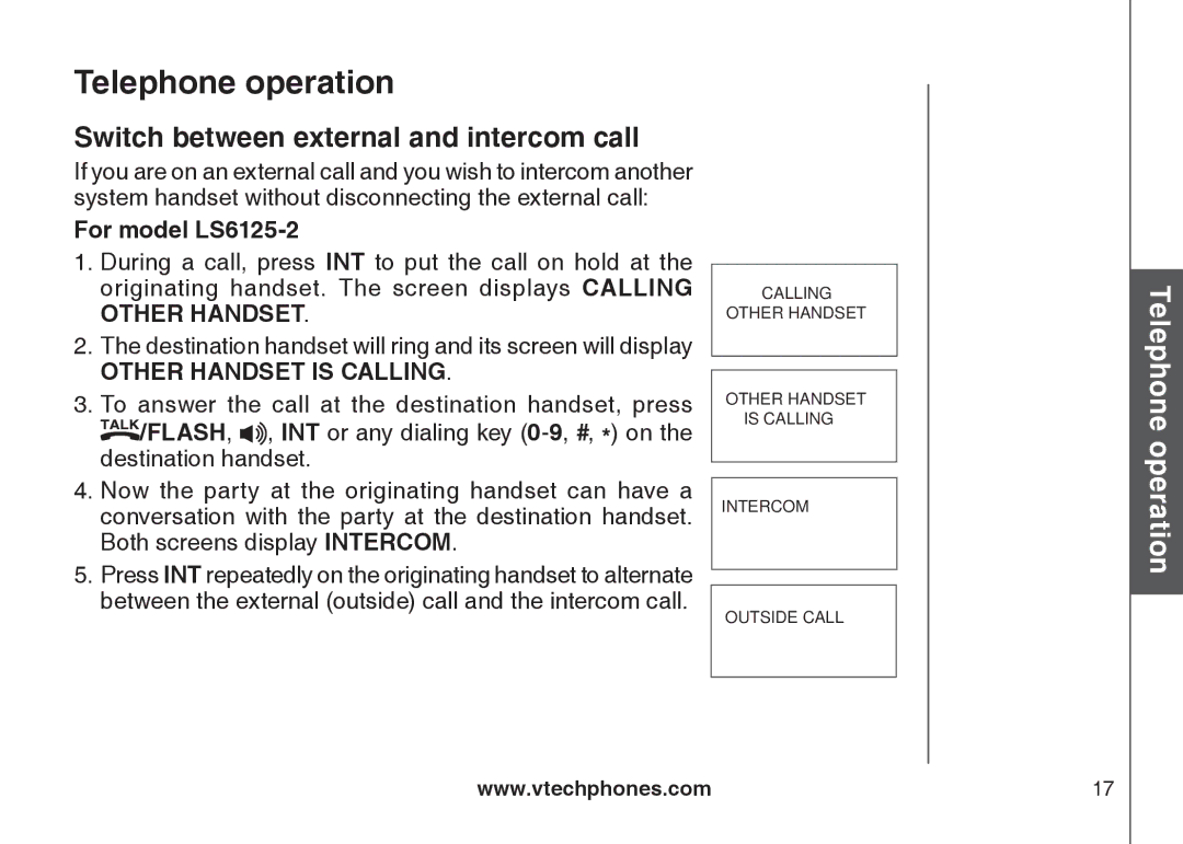 VTech LS6126-5, LS6125-2, LS6125-4, LS6125-3, LS6125-5, LS6126-3 Switch between external and intercom call 