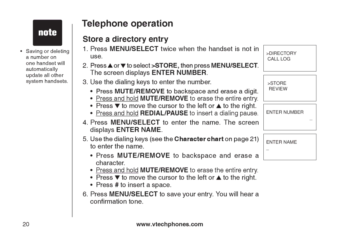 VTech LS6126-3, LS6125-2, LS6125-4, LS6126-5, LS6125-3, LS6125-5 important safety instructions Store a directory entry 