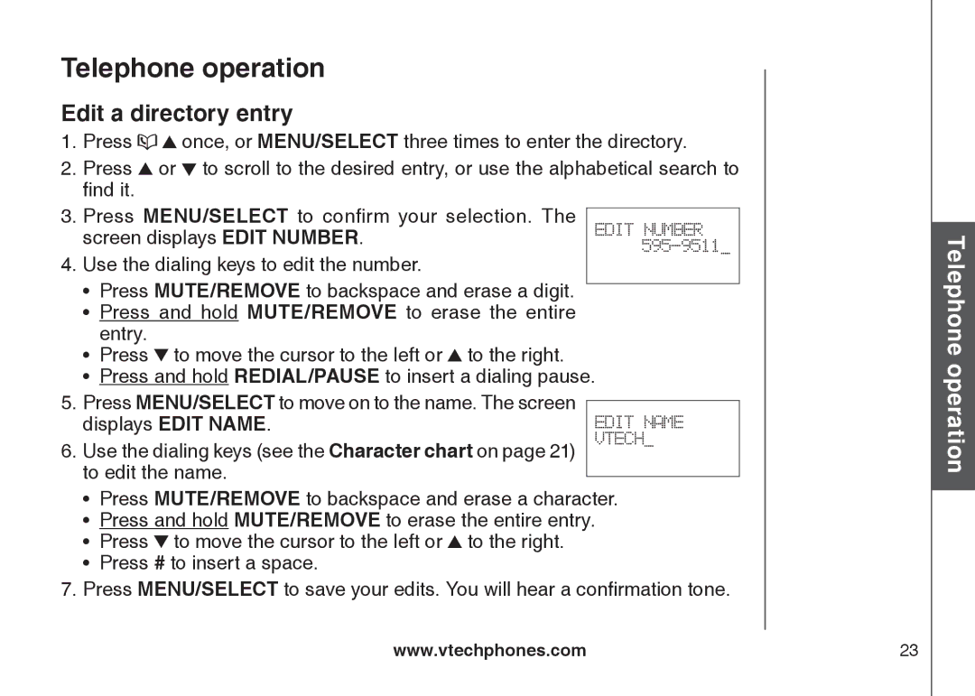 VTech LS6126-5, LS6125-2, LS6125-4, LS6125-3, LS6125-5, LS6126-3 Edit a directory entry, BasicTelephone 