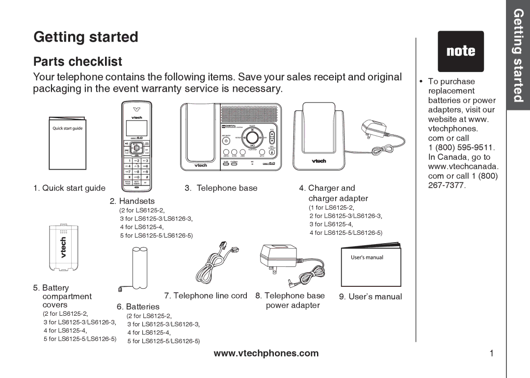 VTech LS6125-5, LS6125-2, LS6125-4, LS6126-5, LS6125-3, LS6126-3 important safety instructions Getting started, Parts checklist 