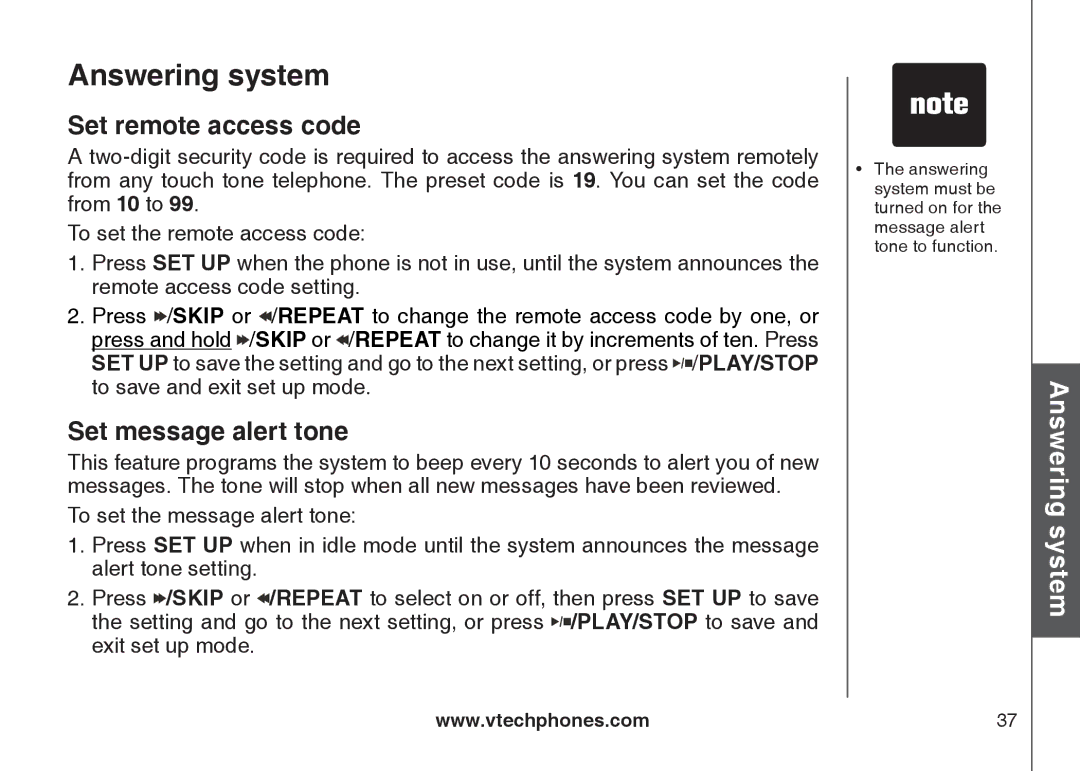 VTech LS6125-5, LS6125-2, LS6125-4, LS6126-5, LS6125-3, LS6126-3 Set remote access code, Set message alert tone 