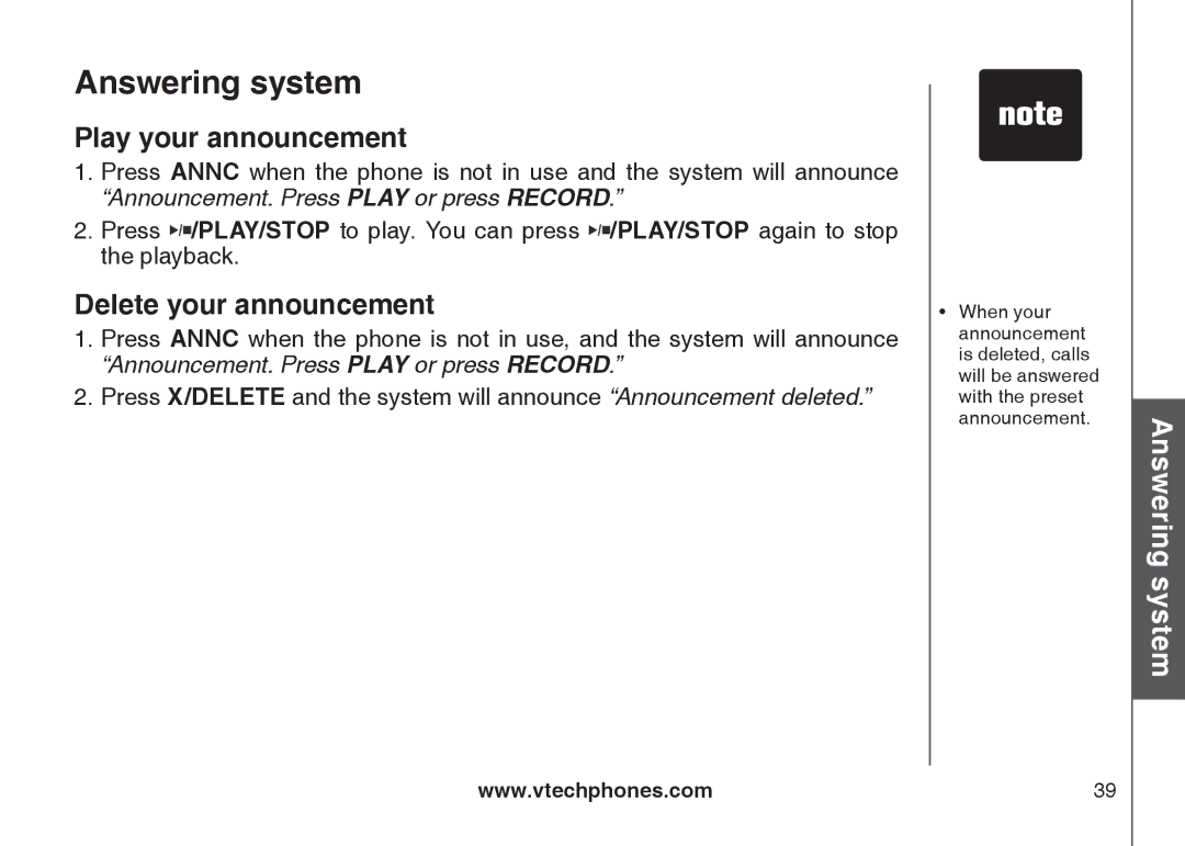 VTech LS6125-2, LS6125-4, LS6126-5, LS6125-3, LS6125-5, LS6126-3 Play your announcement, Delete your announcement 