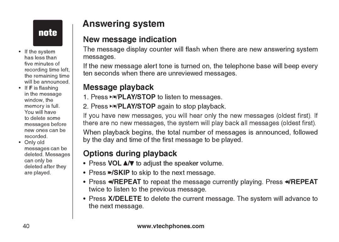 VTech LS6125-4, LS6125-2, LS6126-5, LS6125-3, LS6125-5 New message indication, Message playback, Options during playback 