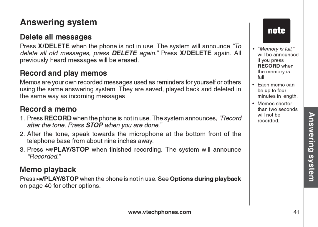 VTech LS6126-5, LS6125-2, LS6125-4, LS6125-3 Delete all messages, Record and play memos, Record a memo, Memo playback 