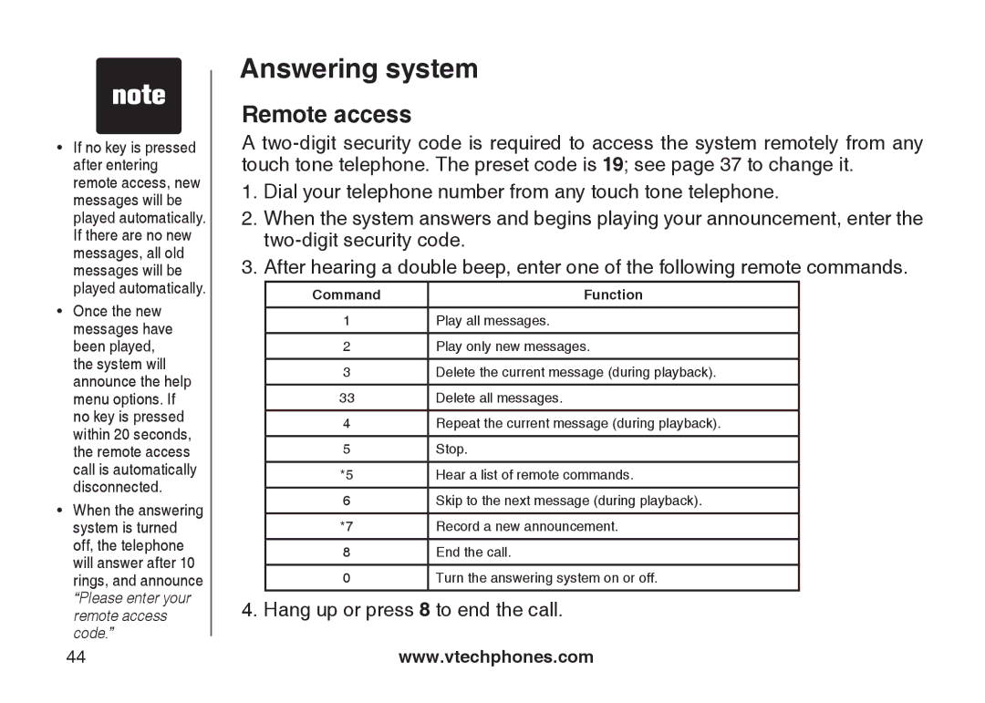 VTech LS6126-3, LS6125-2, LS6125-4, LS6126-5, LS6125-3, LS6125-5 important safety instructions Remote access, Command Function 