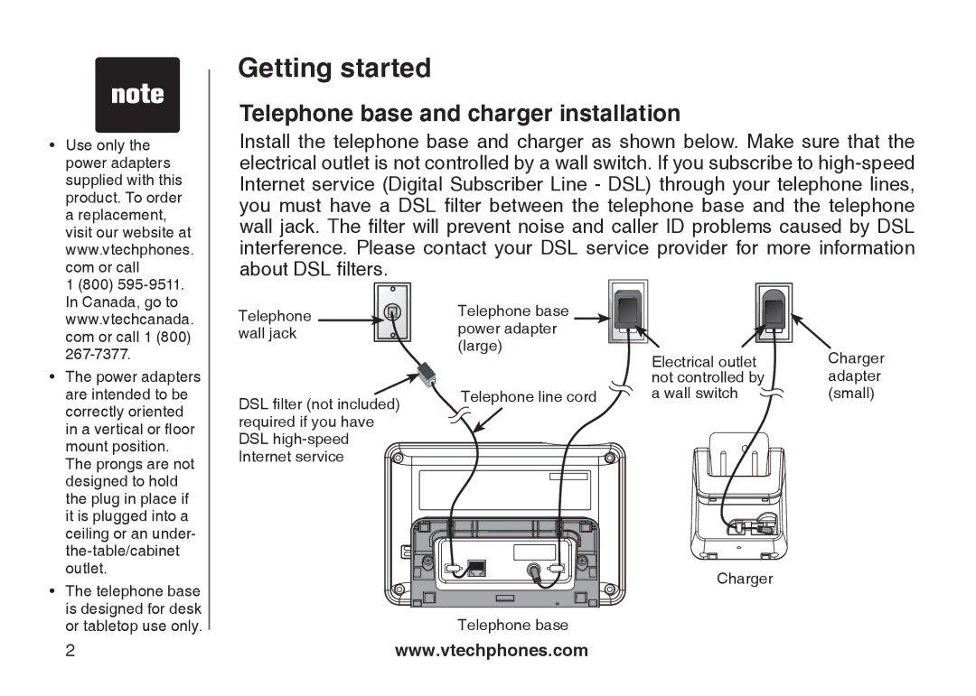 VTech LS6126-3, LS6125-2, LS6125-4, LS6126-5, LS6125-3, LS6125-5 Telephone base and charger installation 