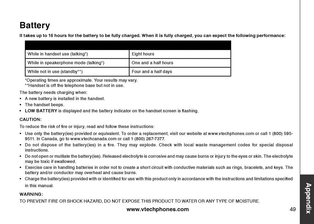 VTech LS6125-5, LS6125-2, LS6125-4, LS6126-5, LS6125-3, LS6126-3 important safety instructions Battery 