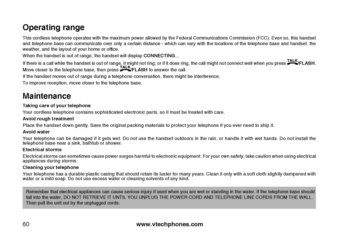 VTech LS6125-3, LS6125-2, LS6125-4, LS6126-5, LS6125-5, LS6126-3 important safety instructions Operating range, Maintenance 