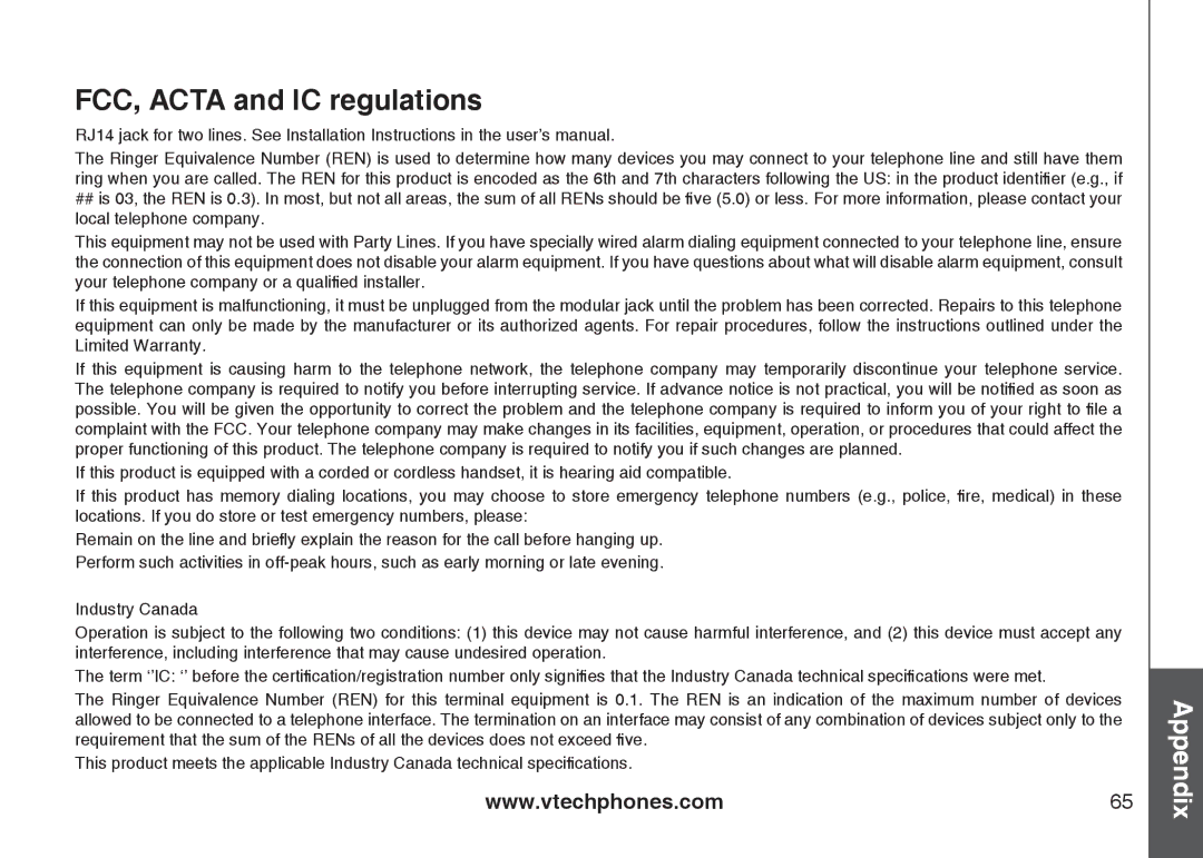 VTech LS6126-5, LS6125-2, LS6125-4, LS6125-3, LS6125-5, LS6126-3 important safety instructions FCC, Acta and IC regulations 