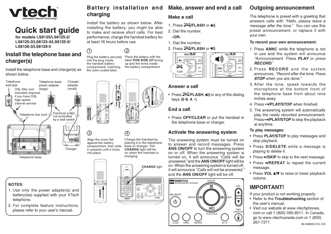 VTech LS6125 quick start Battery installation and charging, Make, answer and end a call, Outgoing announcement 